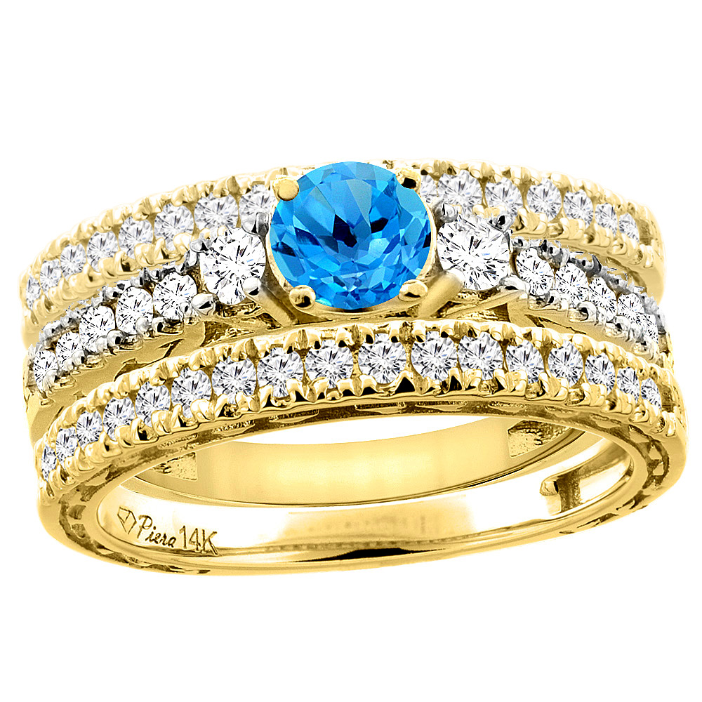 14K Yellow Gold Diamond Natural Swiss Blue Topaz Engagement 3-pc Ring Set Engraved Round 6 mm, sizes 5 - 10