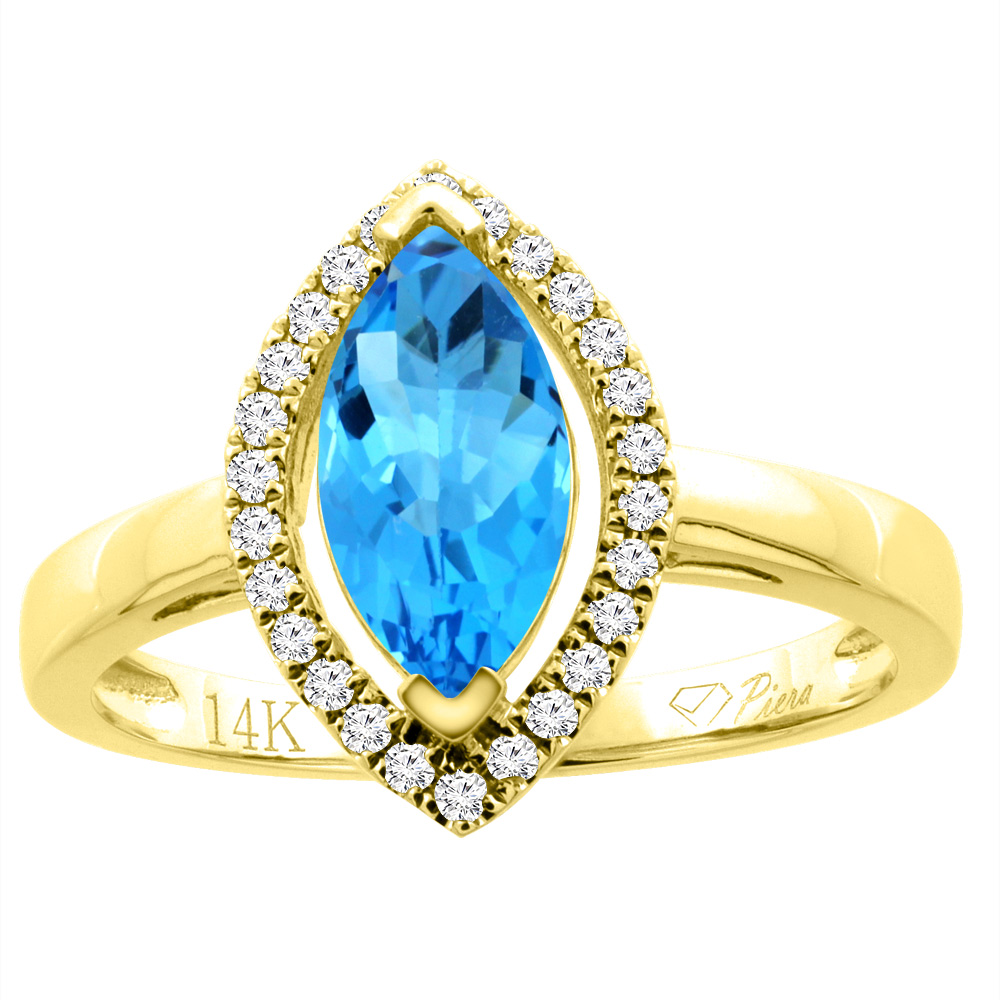 14K Gold Natural Swiss Blue Topaz Halo Ring Marquise 10x5 mm Diamond Accents, sizes 5 - 10