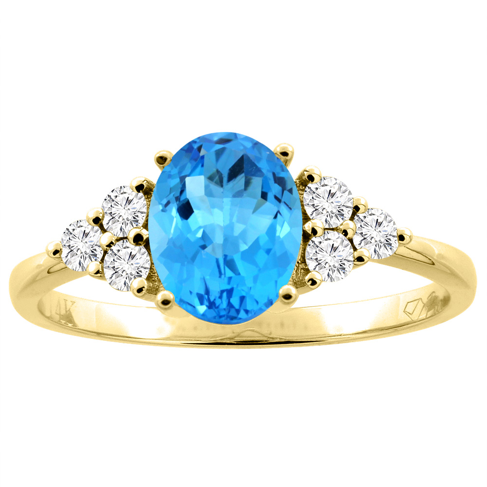 14K Gold Natural Swiss Blue Topaz Ring Oval 8x6 mm Diamond Accents, sizes 5 - 10