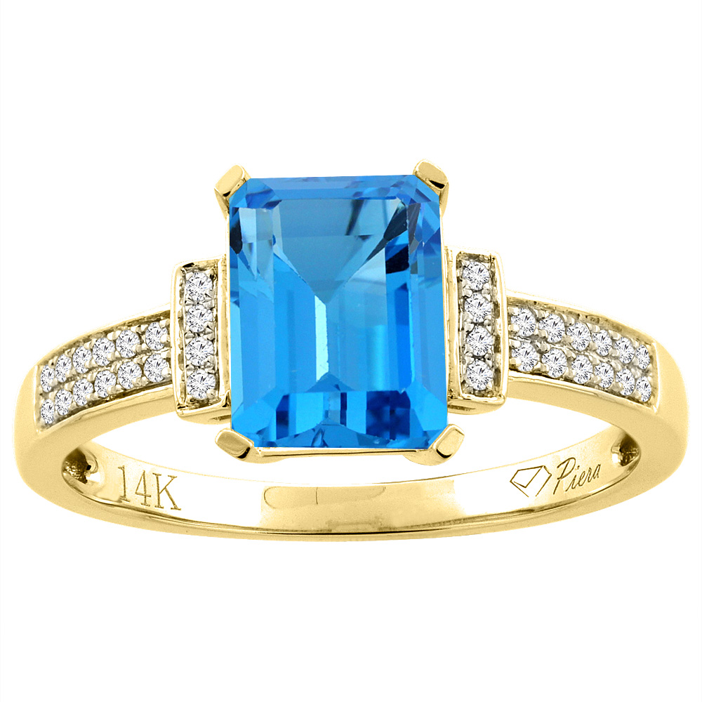 14K Gold Natural Swiss Blue Topaz Ring Octagon 8x6 mm Diamond Accents, sizes 5 - 10