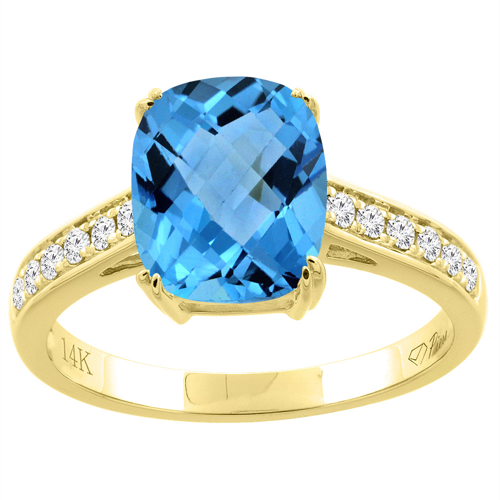 14K Gold Natural Swiss Blue Topaz Ring Cushion Cut 9x7 mm Diamond Accents, sizes 5 - 10