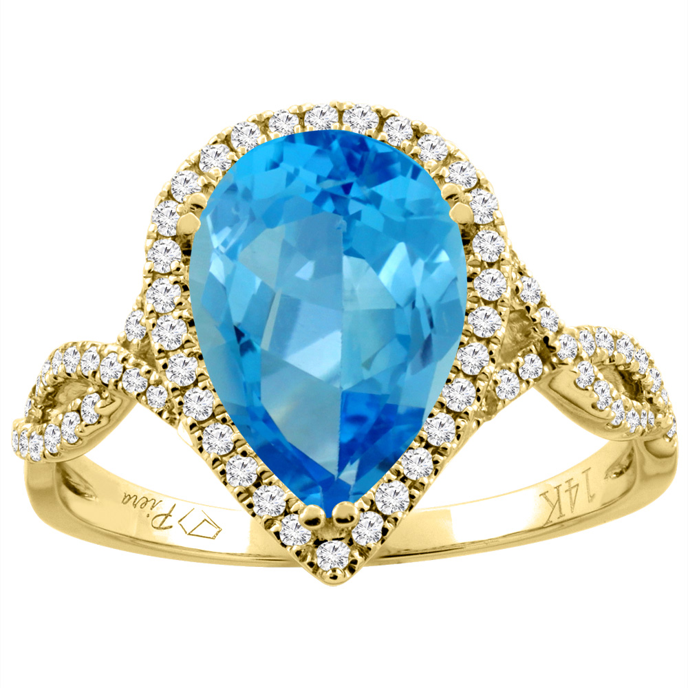 14K Gold Natural Swiss Blue Topaz Ring Pear Shape 12x8 mm Diamond Accents, sizes 5 - 10
