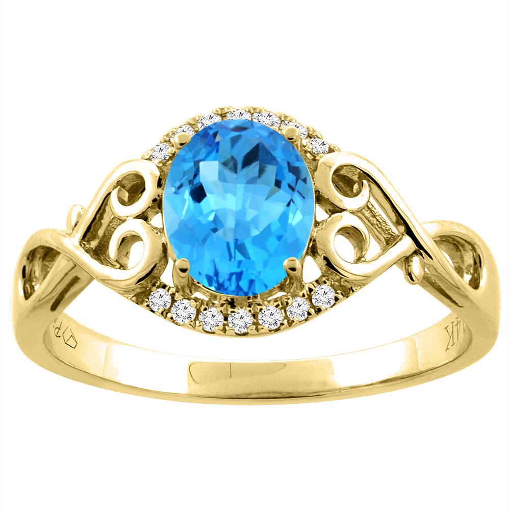 14K Gold Natural Swiss Blue Topaz Ring Oval 8x6 mm Diamond & Heart Accents, sizes 5 - 10