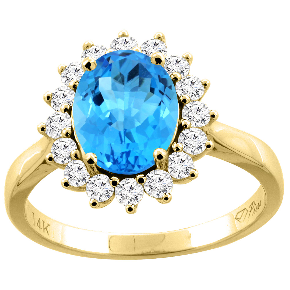 14K Gold Natural Swiss Blue Topaz Ring Oval 9x7 mm Diamond Accents, sizes 5 - 10