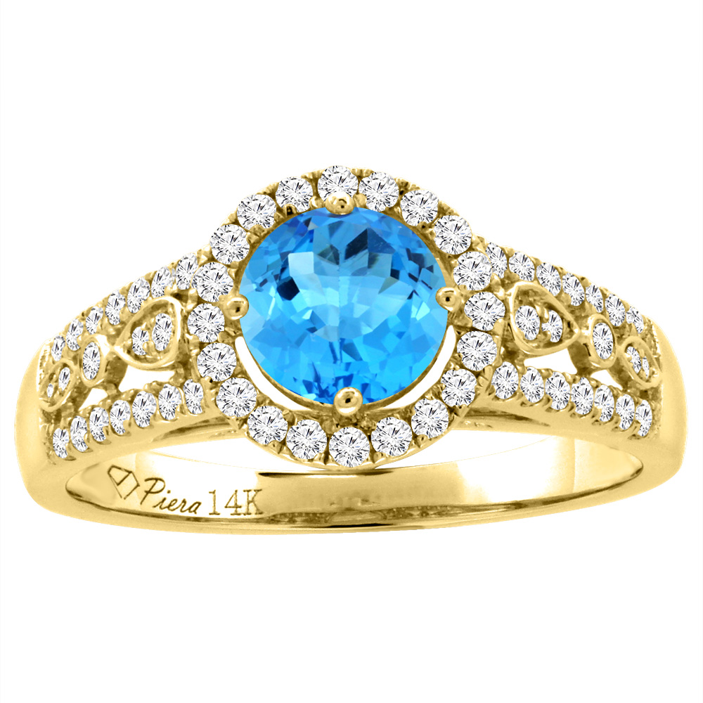 14K Yellow Gold Diamond Natural Swiss Blue Topaz Engagement Halo Ring Round 7 mm, sizes 5-10