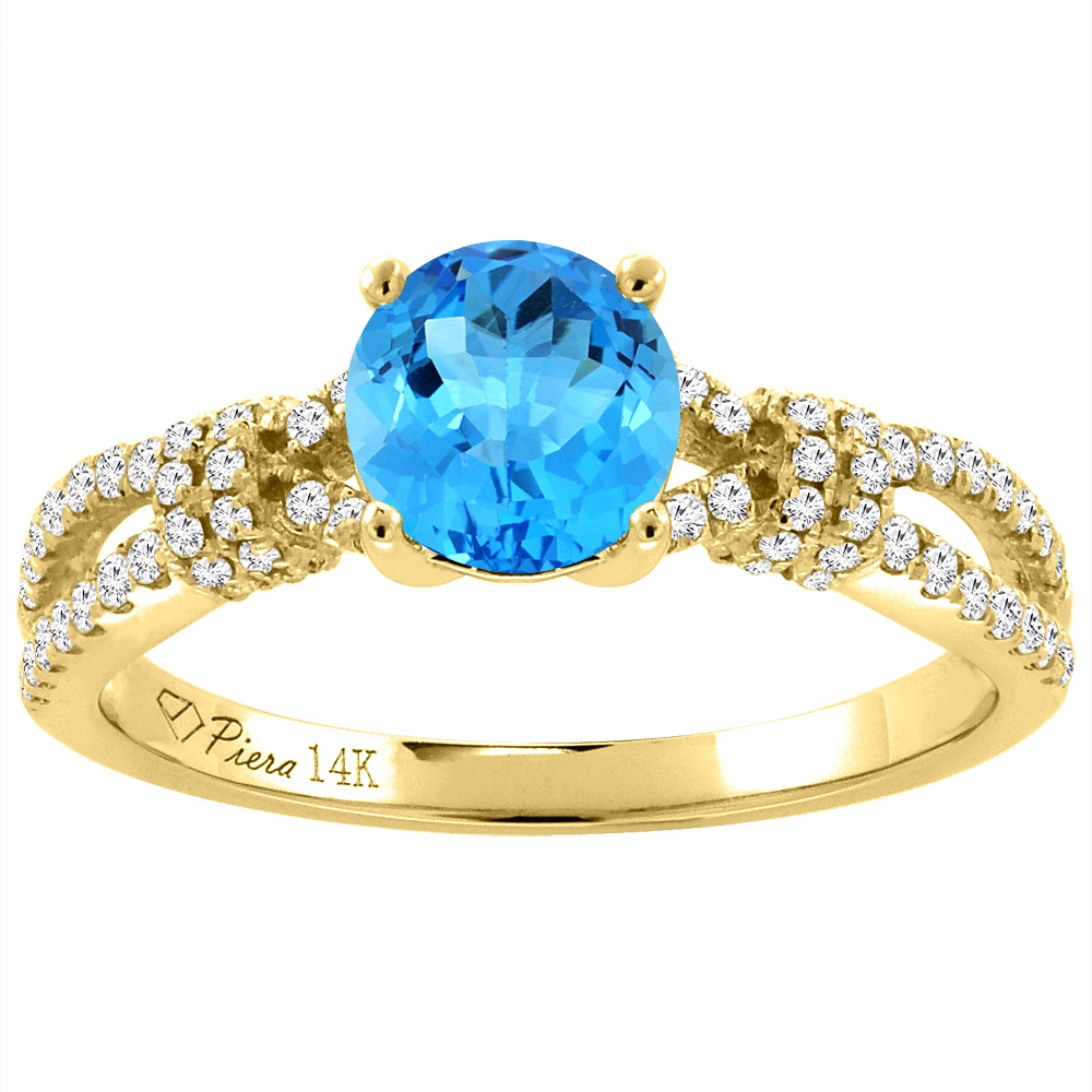 14K Yellow Gold Diamond Natural Swiss Blue Topaz Engagement Ring Round 7 mm, sizes 5-10