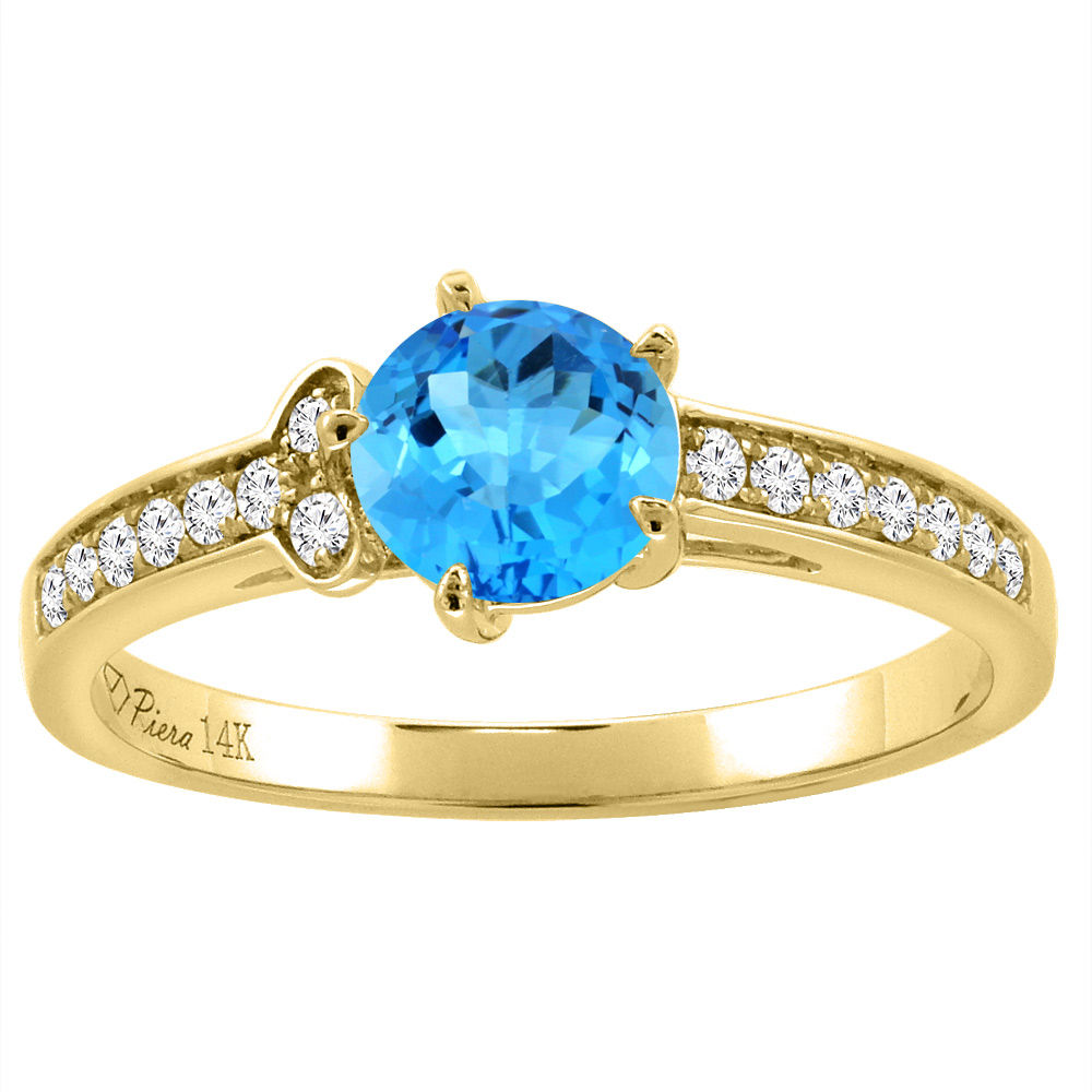 14K Yellow Gold Diamond Natural Swiss Blue Topaz Engagement Ring Round 7 mm, sizes 5-10