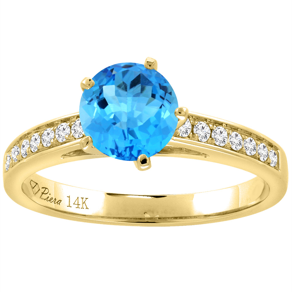 14K Yellow Gold Diamond Natural Swiss Blue Topaz Engagement Ring Round 7 mm, sizes 5-10