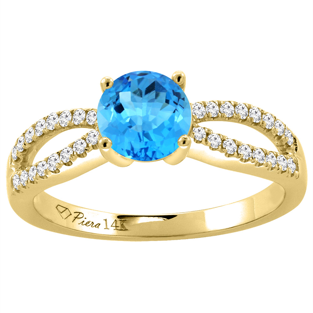 14K Yellow Gold Diamond Natural Swiss Blue Topaz Engagement Ring Round 7 mm, sizes 5-10