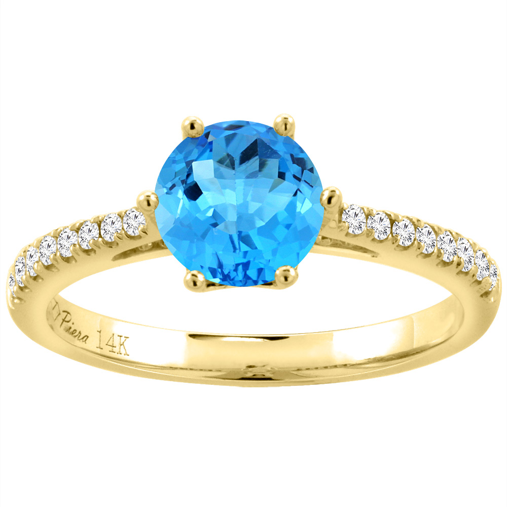 14K Yellow Gold Diamond Natural Swiss Blue Topaz Engagement Ring Round 7 mm, sizes 5-10