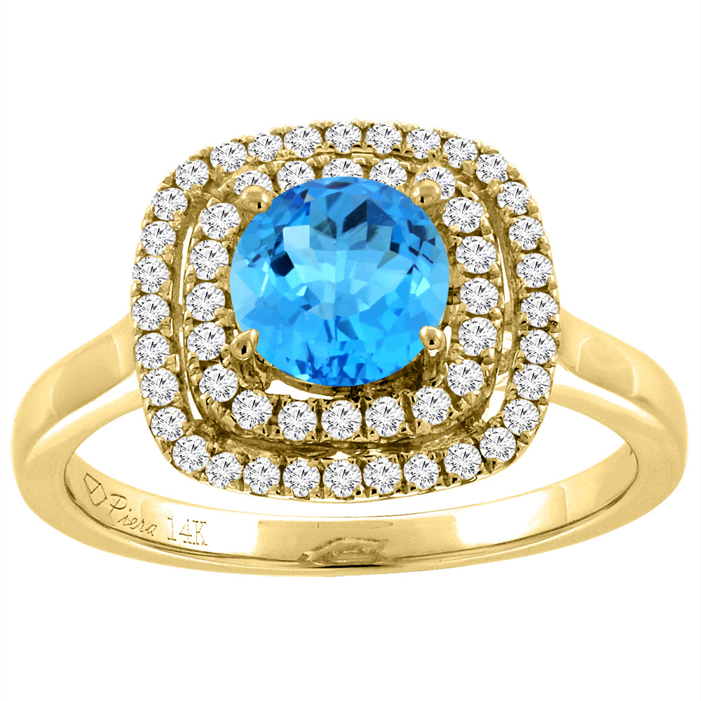 14K Yellow Gold Natural Swiss Blue Topaz Double Halo Diamond Engagement Ring Round 7 mm, sizes 5-10
