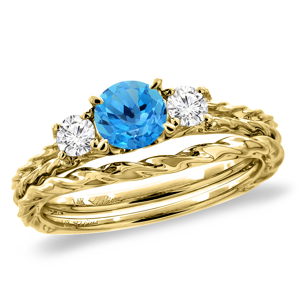 14K Yellow Gold Diamond Natural Swiss Blue Topaz 2pc Engagement Ring Set Round 6mm Twisted, size 5-10