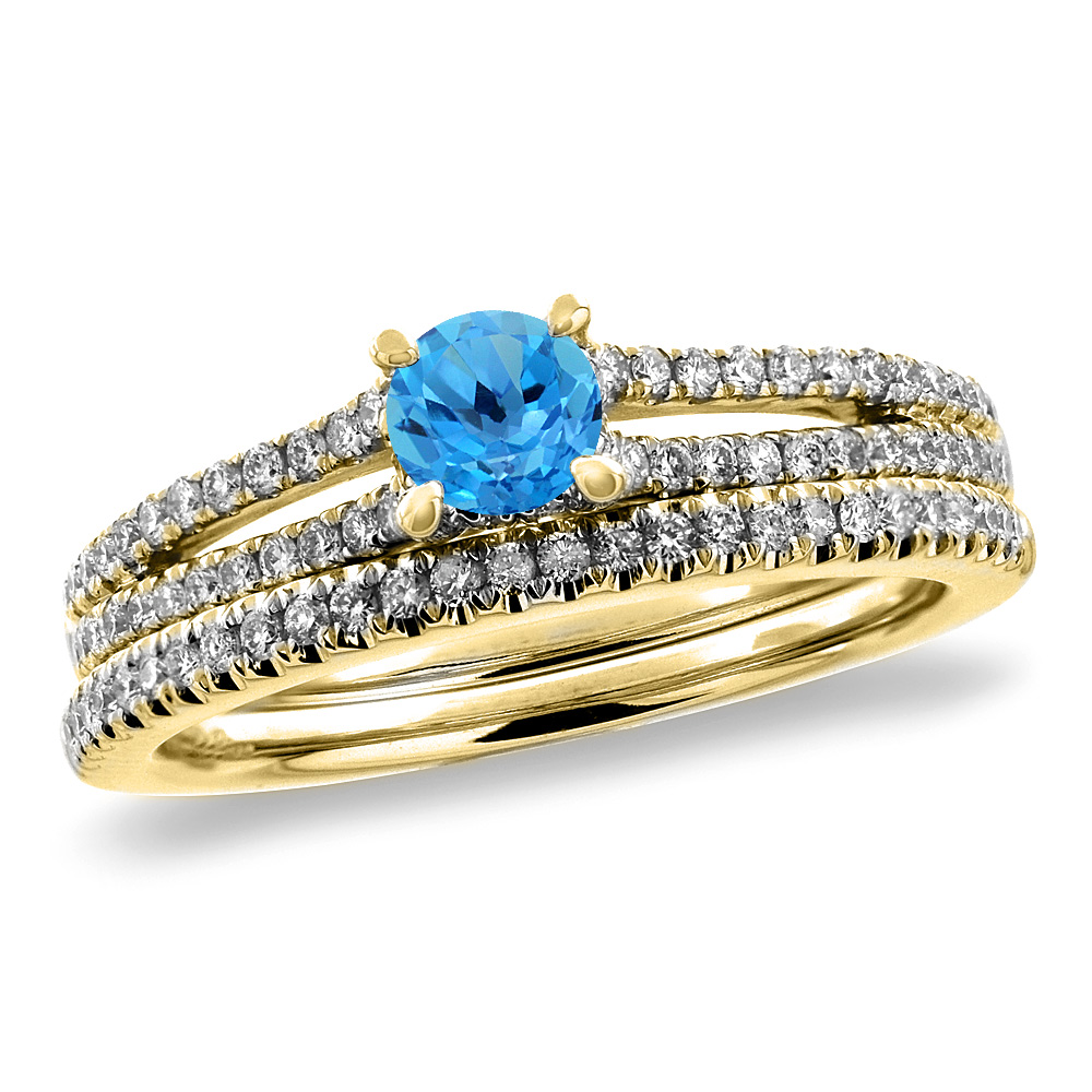 14K Yellow Gold Diamond Natural Swiss Blue Topaz 2pc Engagement Ring Set Round 5 mm,size 5-10