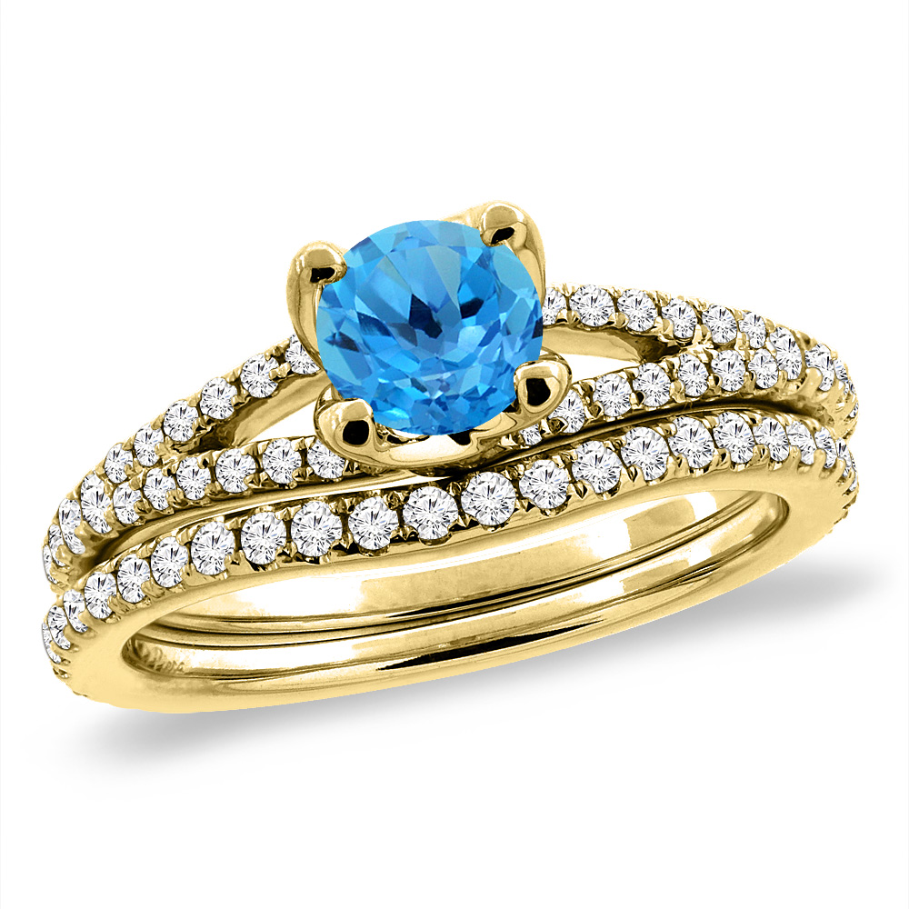14K Yellow Gold Diamond Natural Swiss Blue Topaz 2pc Engagement Ring Set Round 5 mm,size 5-10