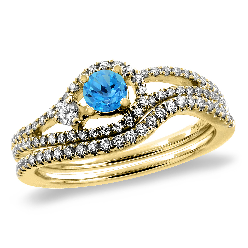14K Yellow Gold Diamond Natural Swiss Blue Topaz 2pc Engagement Ring Set Round 5 mm,size 5-10