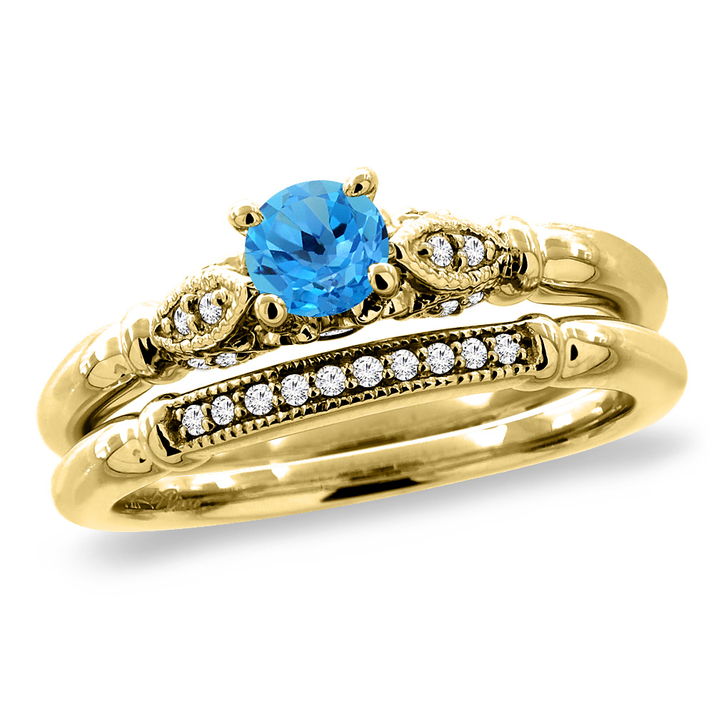 14K Yellow Gold Diamond Natural Swiss BlueTopaz 2pc Engagement Ring Set Round 4 mm, sizes 5 - 10