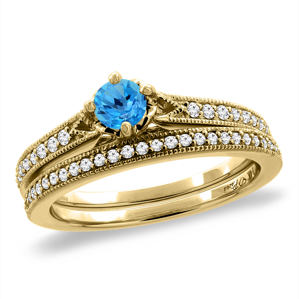 14K Yellow Gold Diamond Natural Swiss BlueTopaz 2pc Engagement Ring Set Round 4 mm, sizes 5 - 10