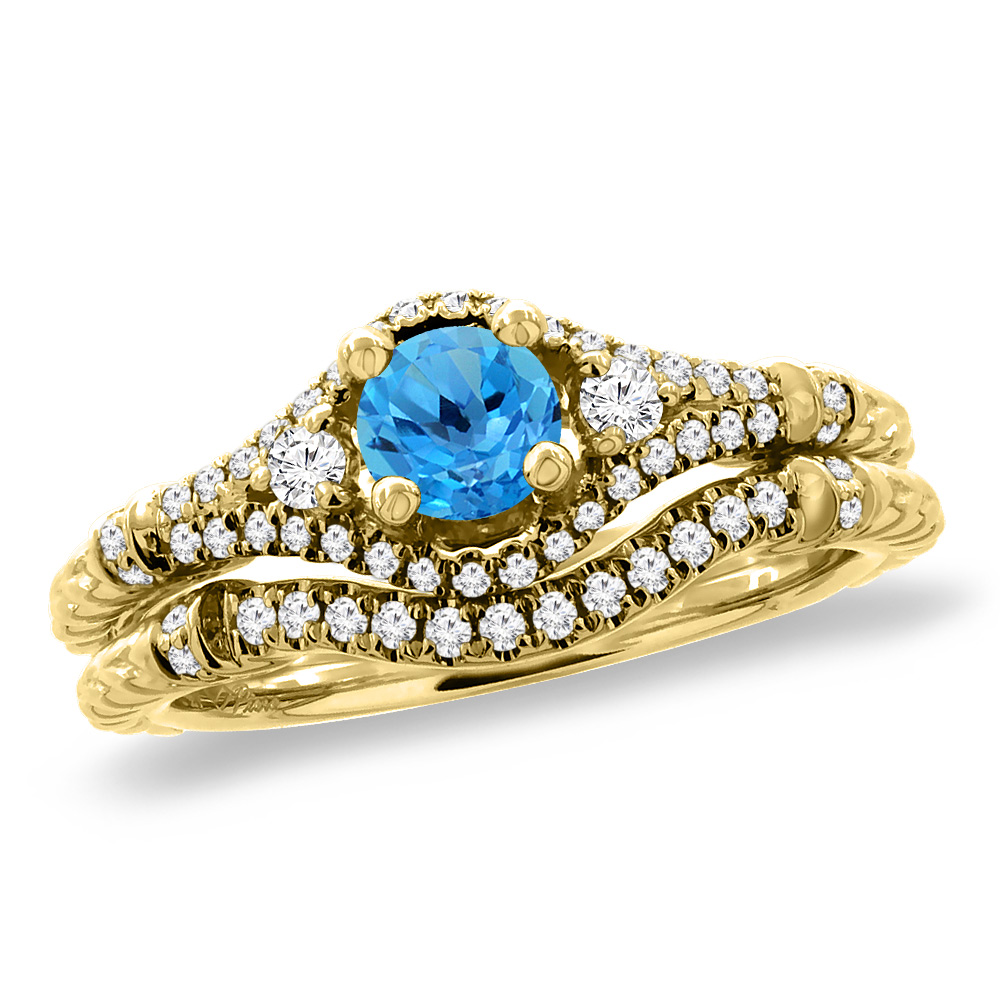 14K Yellow Gold Diamond Natural Swiss BlueTopaz 2pc Engagement Ring Set Round 4 mm, sizes 5 - 10