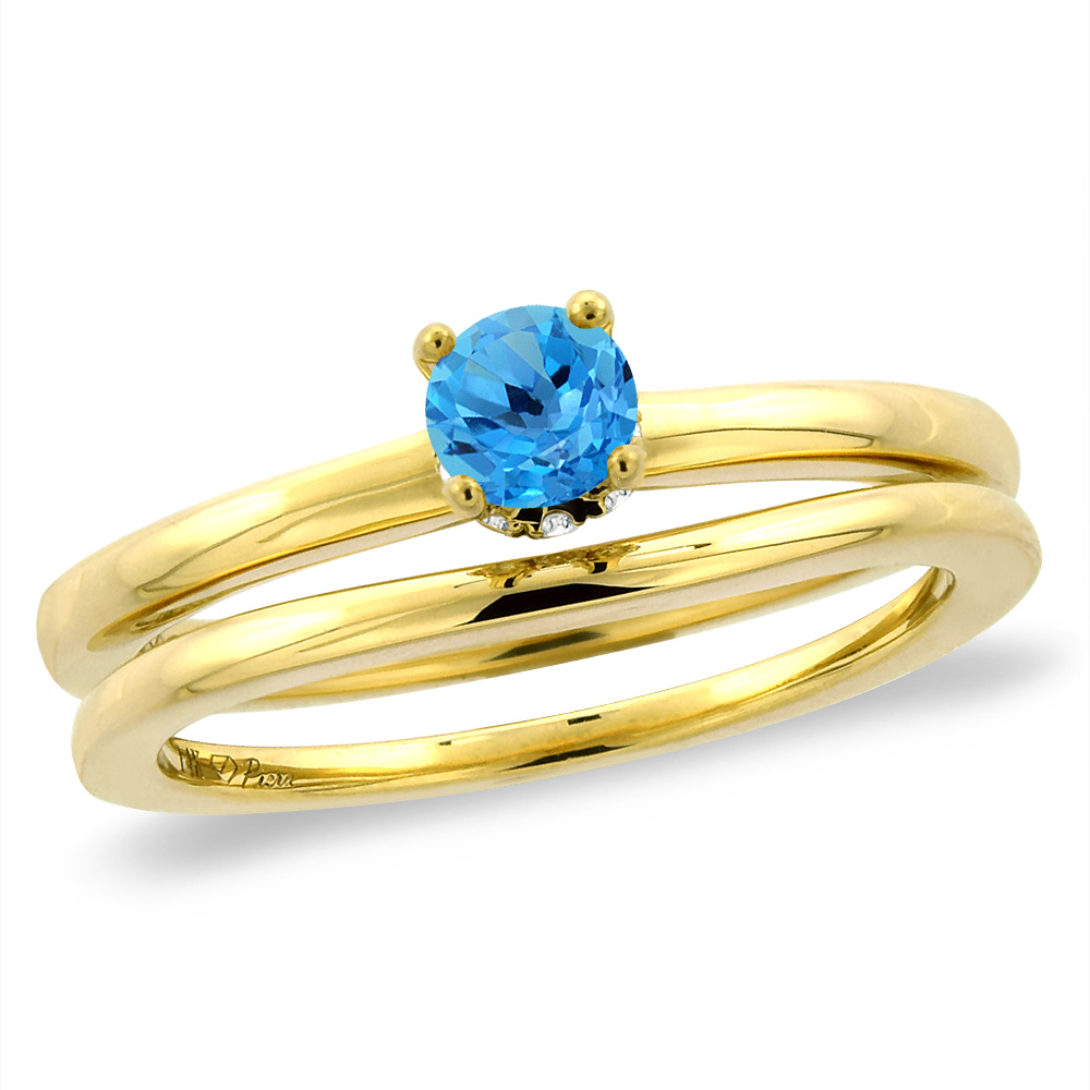 14K Yellow Gold Diamond Natural Swiss BlueTopaz 2pc Solitaire Engagement Ring Set Round 4mm,size5-10