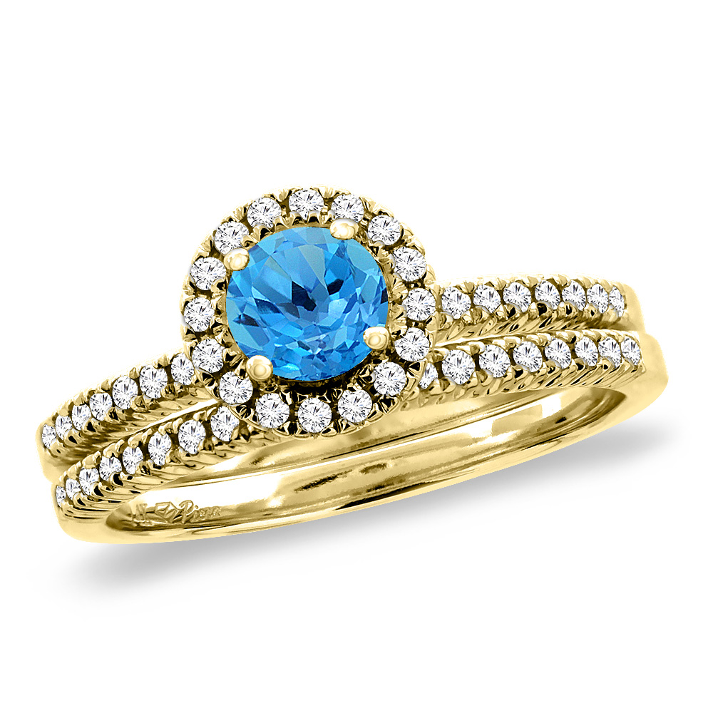 14K Yellow Gold Diamond Natural Swiss BlueTopaz 2pc Halo Engagement Ring Set Round 4 mm, size5-10