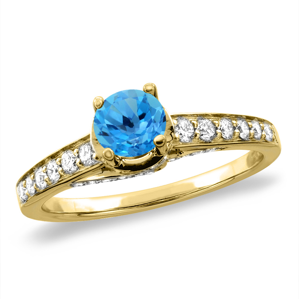 14K White/Yellow Gold Diamond Natural Swiss Blue Topaz Engagement Ring Round 4 mm,size 5 -10