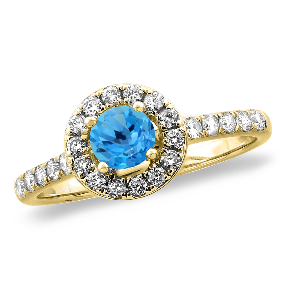 14K White/Yellow Gold Diamond Natural Swiss Blue Topaz Halo Engagement Ring Round 4 mm,size 5 -10