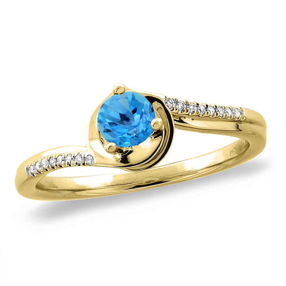 14K White/Yellow Gold Diamond Natural Swiss Blue Topaz Bypass Engagement Ring Round 4 mm,size 5 -10