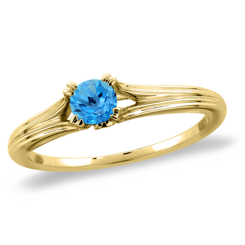 14K Yellow Gold Diamond Natural Swiss Blue Topaz Solitaire Engagement Ring Round 5 mm, sizes 5 -10