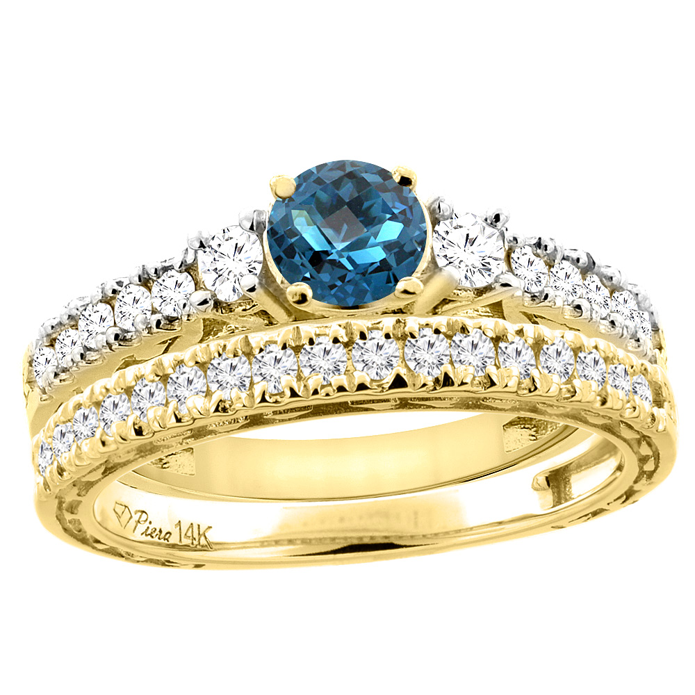 14K Yellow Gold Diamond Natural London Blue Topaz Engagement 2-pc Ring Set Engraved Round 6 mm, sizes 5 - 10