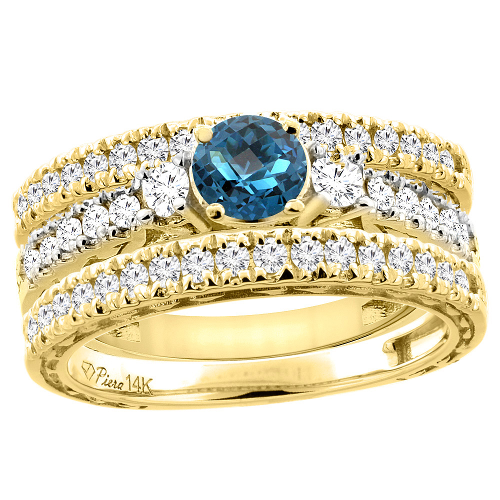 14K Yellow Gold Diamond Natural London Blue Topaz Engagement 3-pc Ring Set Engraved Round 6 mm, sizes 5 - 10