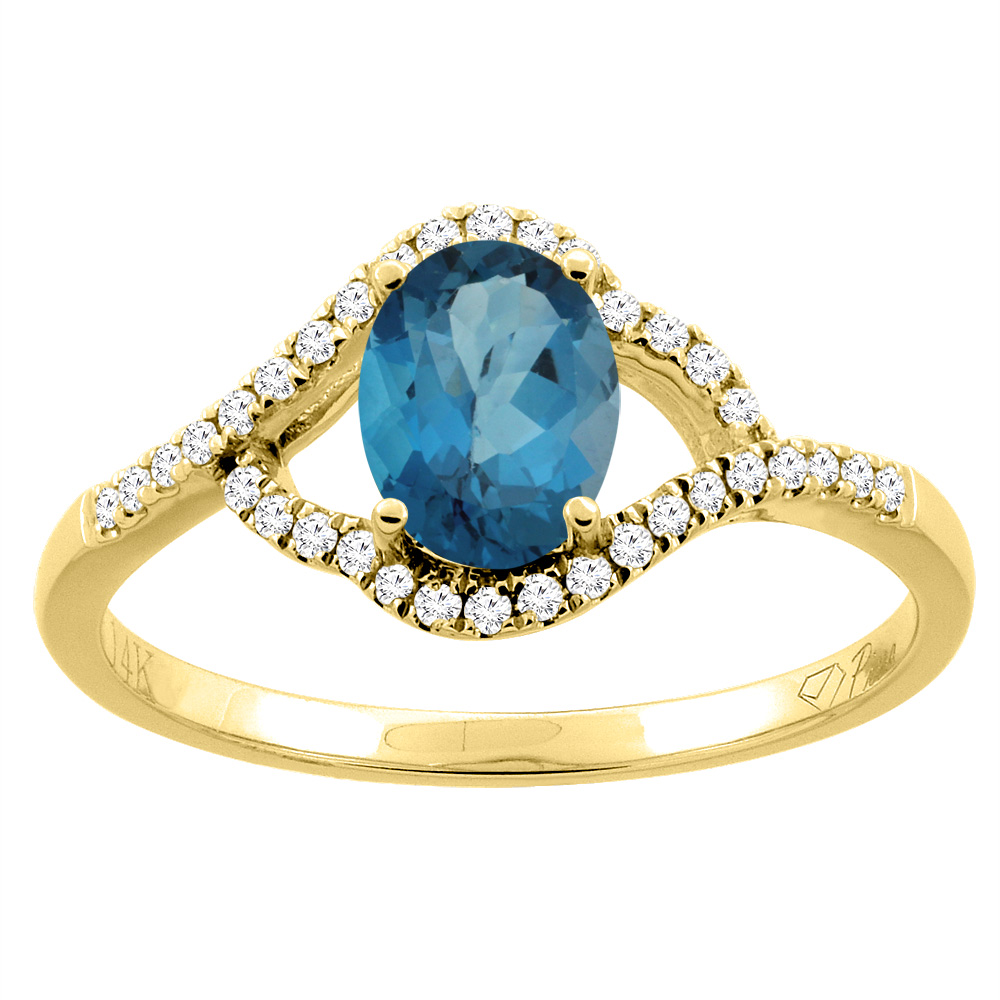 14K Gold Diamond Natural London Blue Topaz Engagement Ring Oval 7x5 mm, sizes 5 - 10