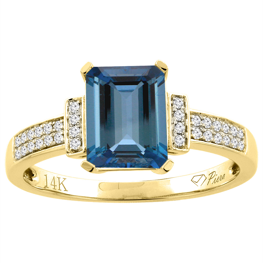 14K Gold Natural London Blue Topaz Ring Octagon 8x6 mm Diamond Accents, sizes 5 - 10
