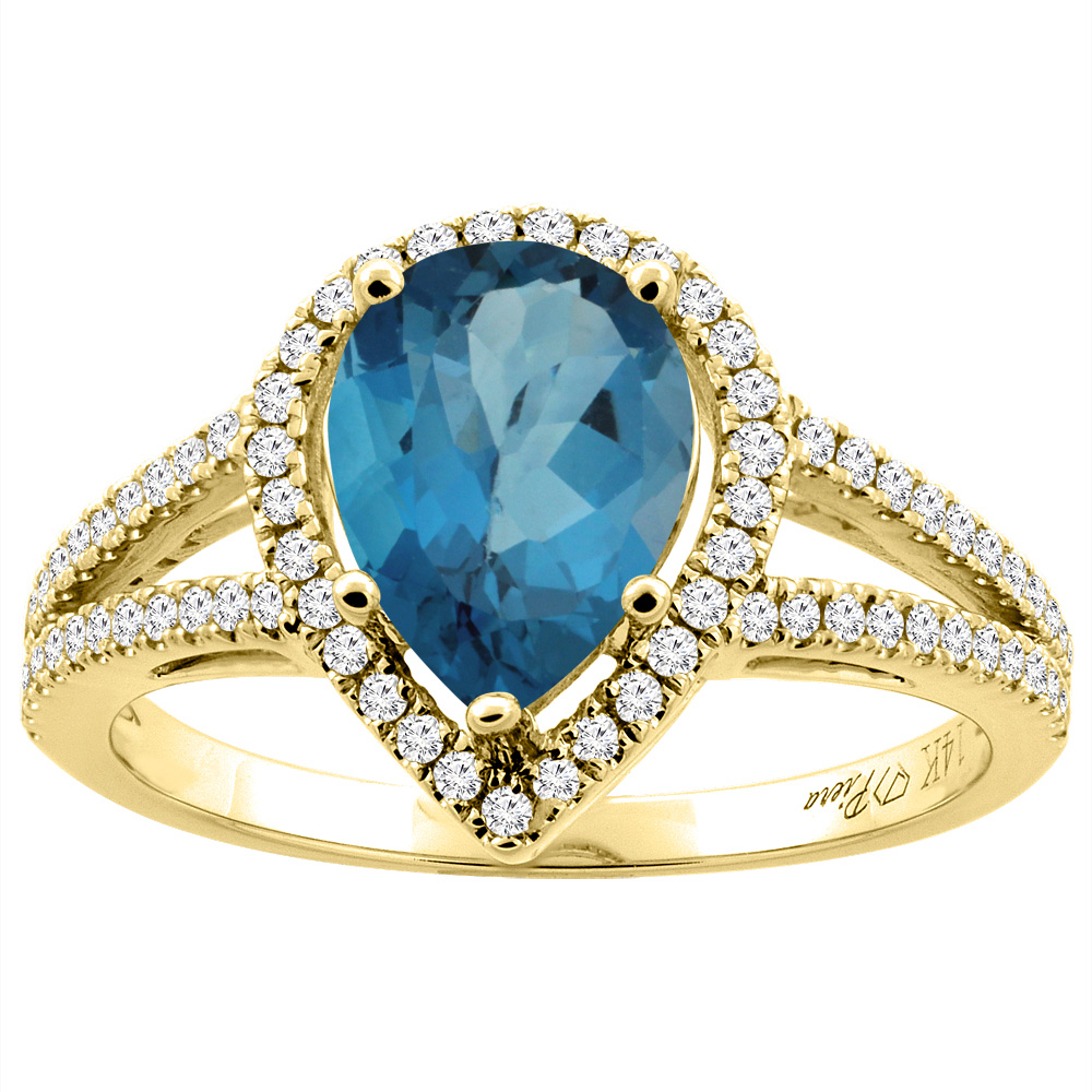 14K Gold Natural London Blue Topaz Ring Pear Shape 9x7 mm Diamond Accents, sizes 5 - 10