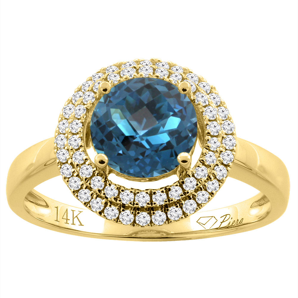 14K Gold Natural London Blue Topaz Ring Round 7 mm Double Halo Diamond Accents, sizes 5 - 10