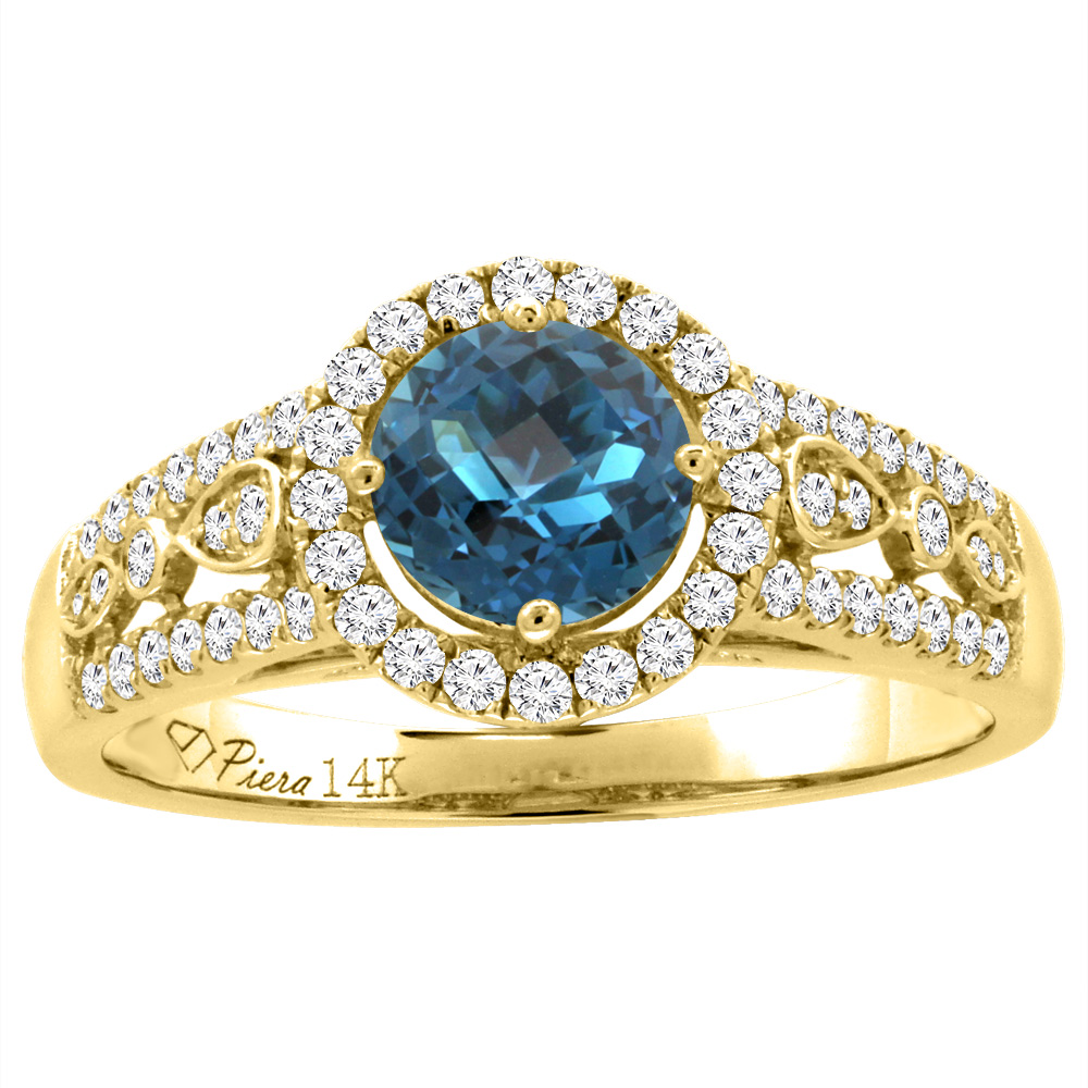 14K Yellow Gold Diamond Natural London Blue Topaz Engagement Halo Ring Round 7 mm, sizes 5-10
