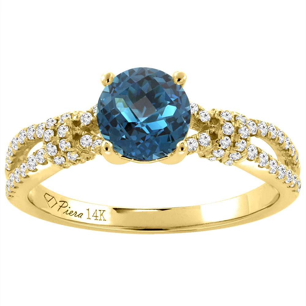14K Yellow Gold Diamond Natural London Blue Topaz Engagement Ring Round 7 mm, sizes 5-10