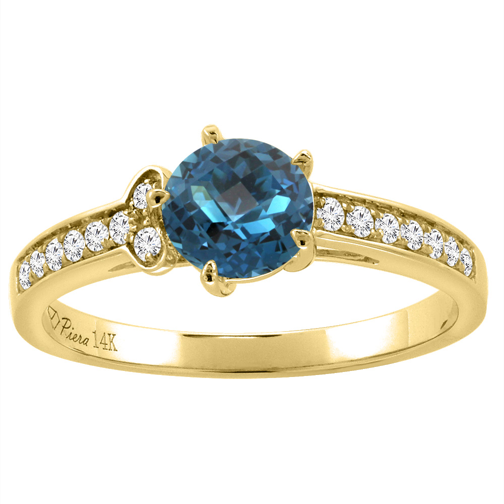 14K Yellow Gold Diamond Natural London Blue Topaz Engagement Ring Round 7 mm, sizes 5-10