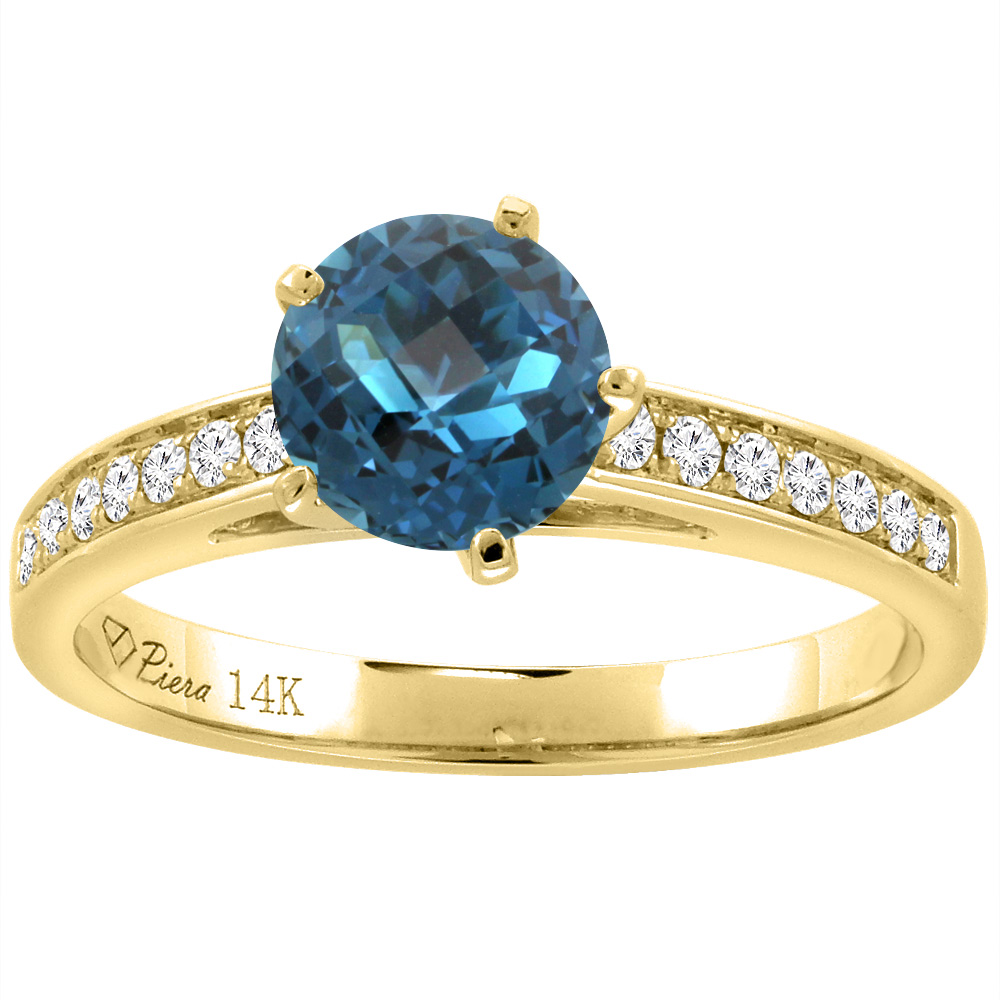 14K Yellow Gold Diamond Natural London Blue Topaz Engagement Ring Round 7 mm, sizes 5-10