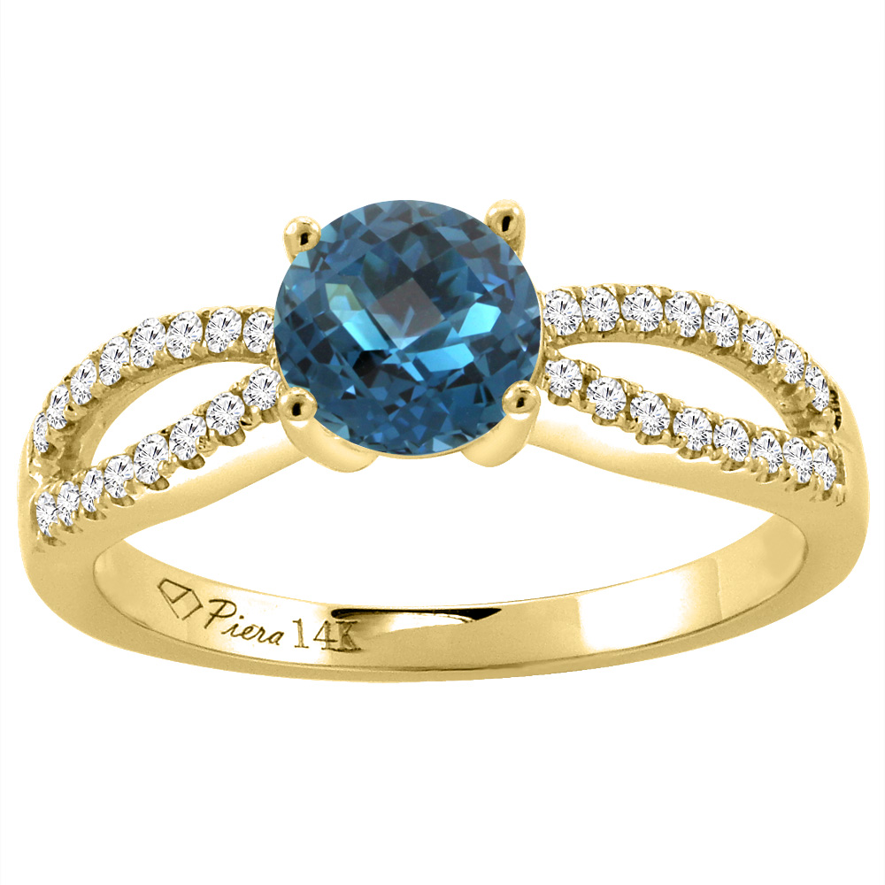 14K Yellow Gold Diamond Natural London Blue Topaz Engagement Ring Round 7 mm, sizes 5-10