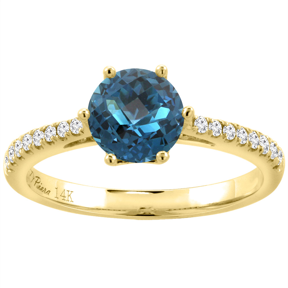 14K Yellow Gold Diamond Natural London Blue Topaz Engagement Ring Round 7 mm, sizes 5-10