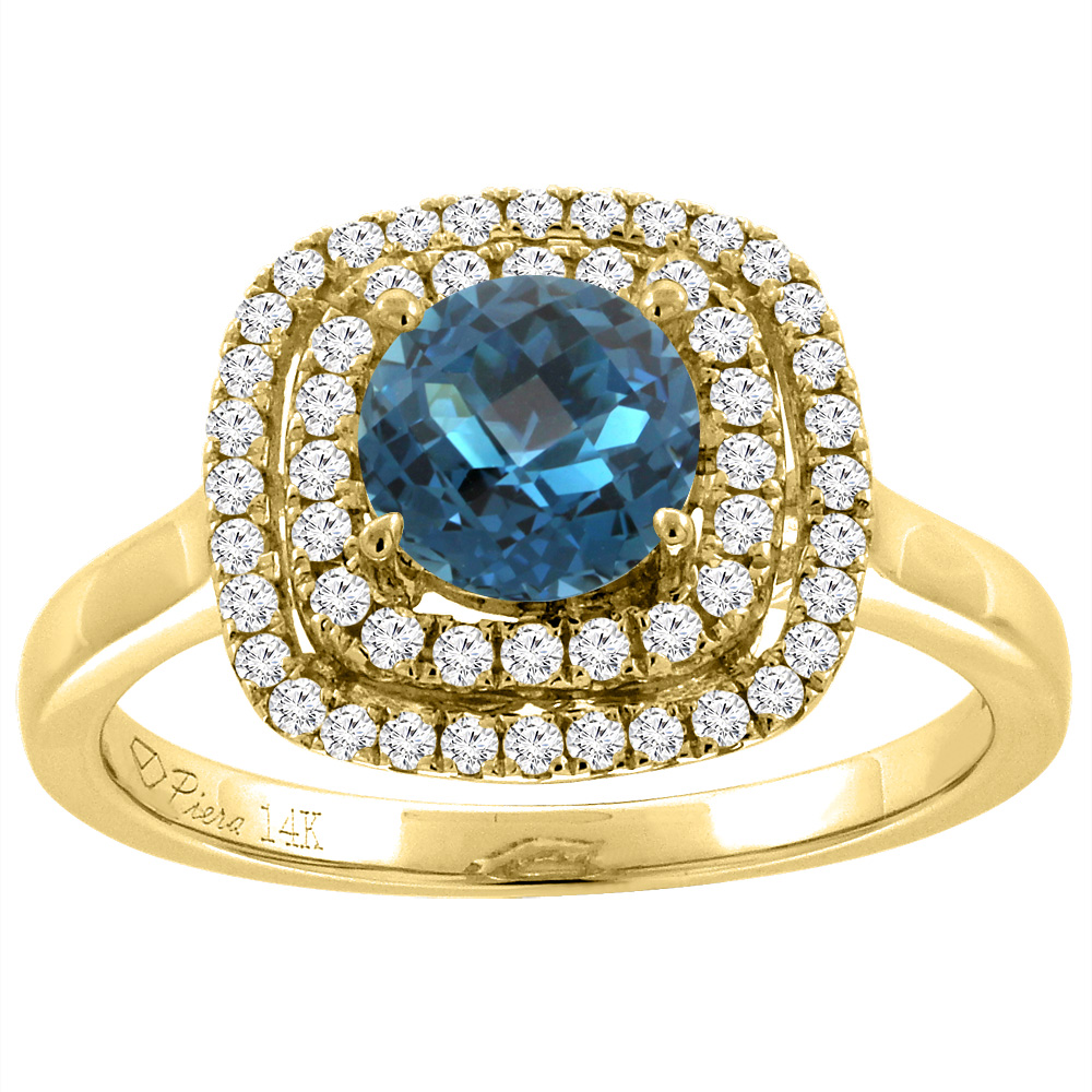 14K Yellow Gold Natural London Blue Topaz Double Halo Diamond Engagement Ring Round 7 mm, sizes 5-10