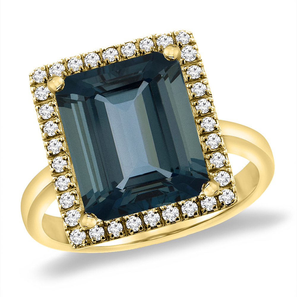 14K Yellow Gold Natural London Blue Topaz Ring Diamond Accent 12x10 mm Octagon, sizes 5 -10