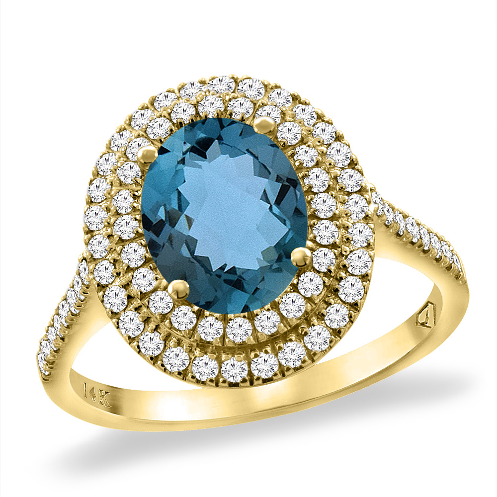 14K Yellow Gold Natural London Blue Topaz Two Halo Diamond Engagement Ring 9x7 mm Oval, size 5 -10