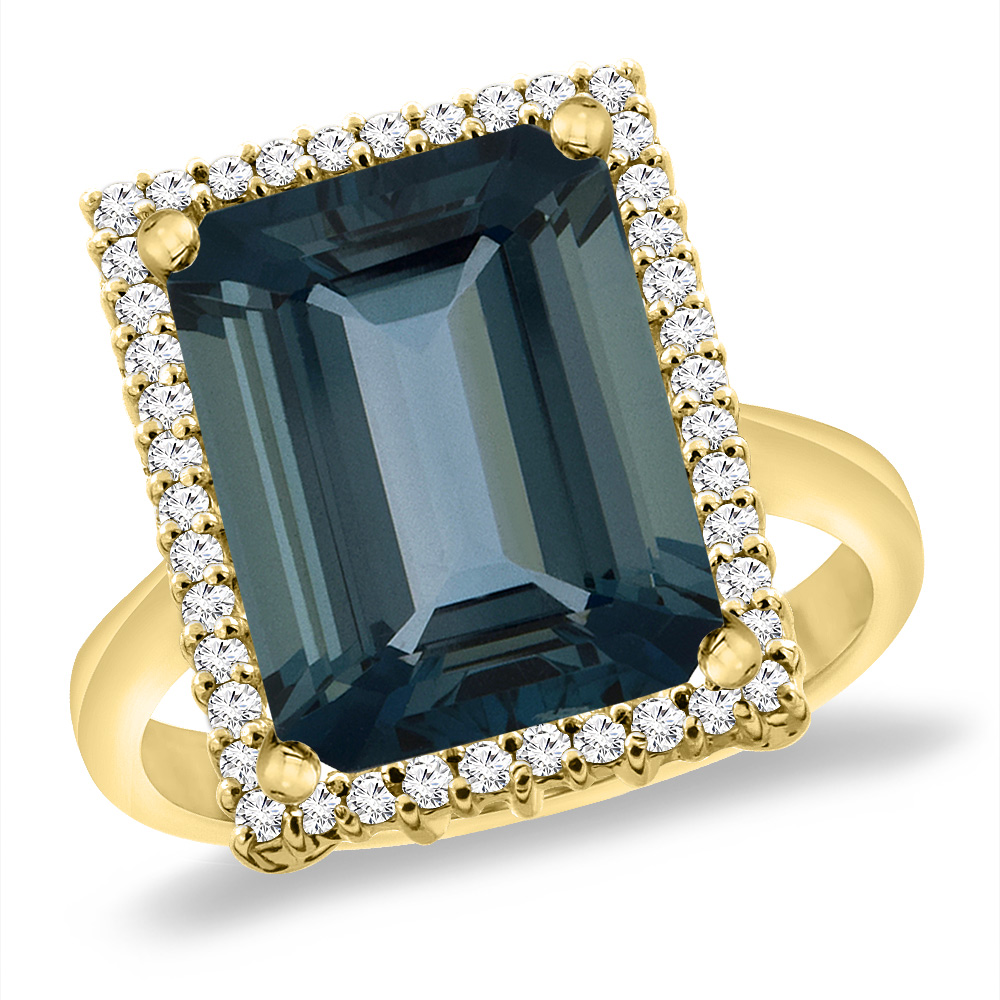 14K Yellow Gold Natural London Blue Topaz Ring Diamond Accent 14x10 mm Octagon, sizes 5 -10