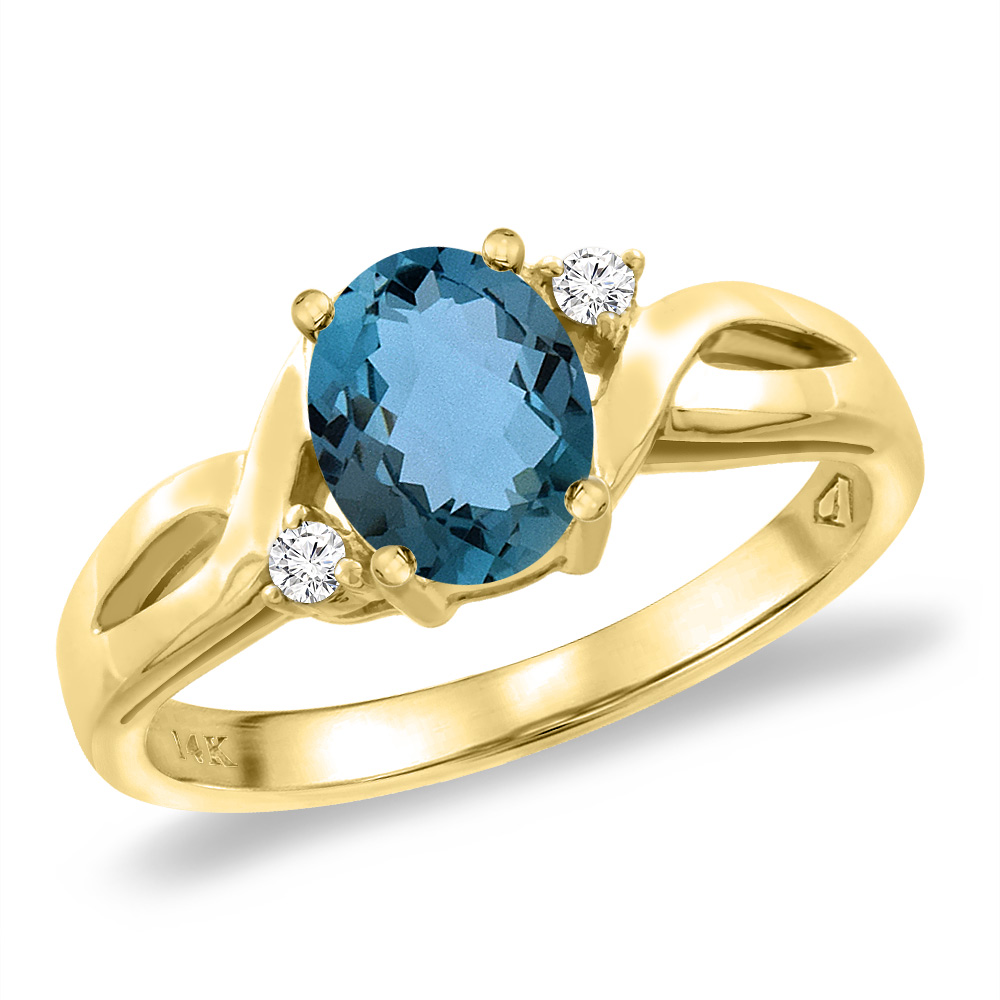 14K Yellow Gold Diamond Natural London Blue Topaz Engagement Ring Oval 8x6 mm, sizes 5 -10