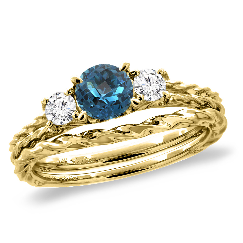 14K Yellow Gold Diamond Natural London Blue Topaz 2pc Engagement Ring Set Round 6mm Twisted,size 5-10