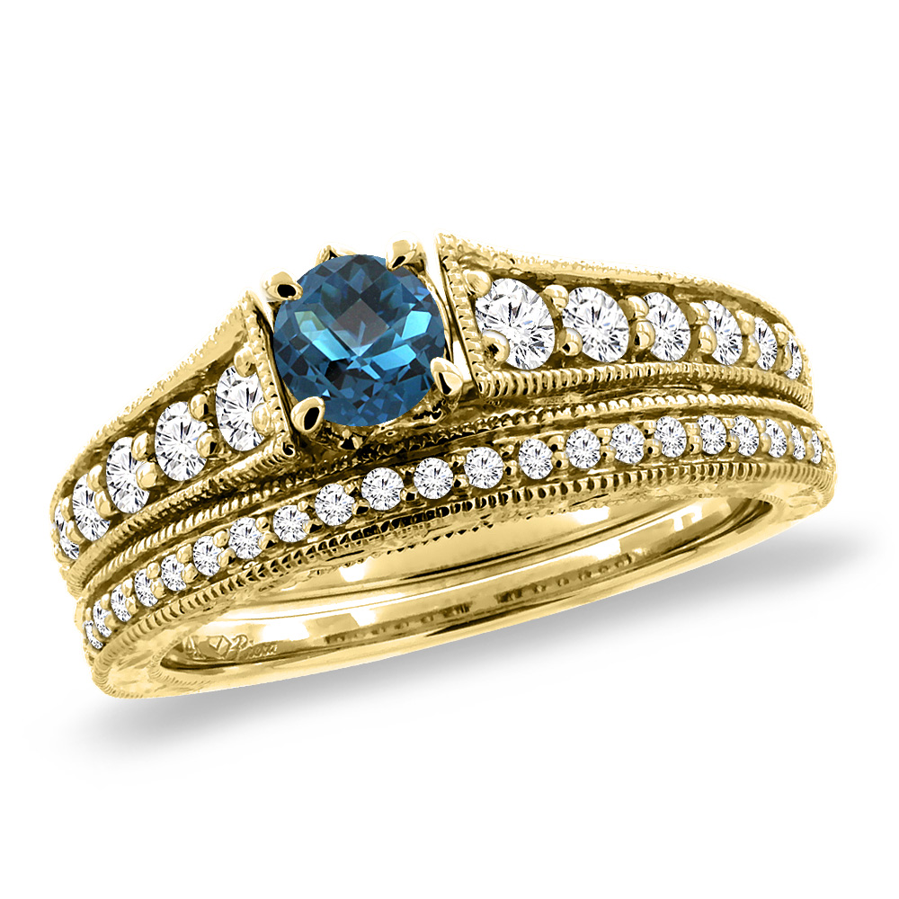 14K Yellow Gold Diamond Natural London Blue Topaz 2pc Engagement Ring Set Round 5 mm,size5-10
