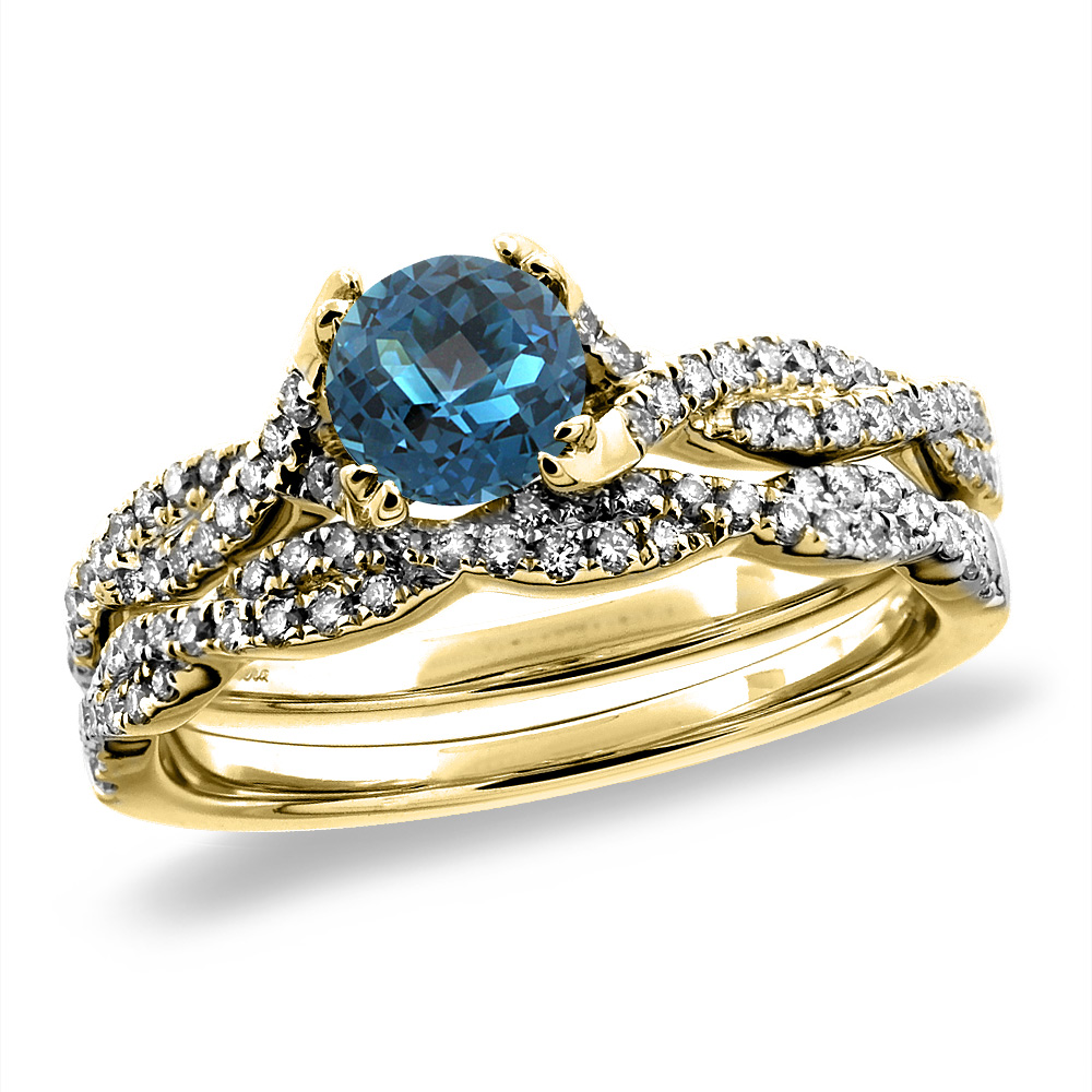 14K White/Yellow Gold Diamond Natural London Blue Topaz 2pc Infinity Engagement RingSet Round 5mm,sz5-10