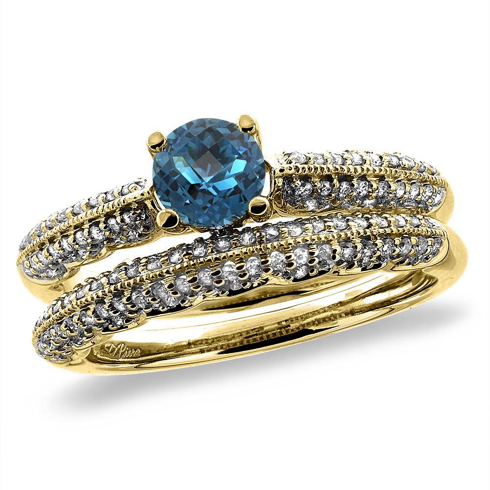 14K Yellow Gold Diamond Natural London Blue Topaz 2pc Engagement RingSet Round 5mm,size5-10