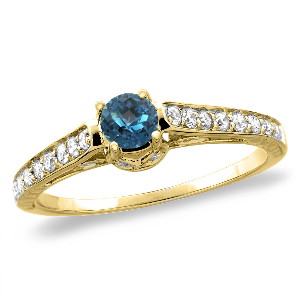 14K White/Yellow Gold Diamond Natural London Blue Topaz Engagement Ring Round 5 mm, size 5-10